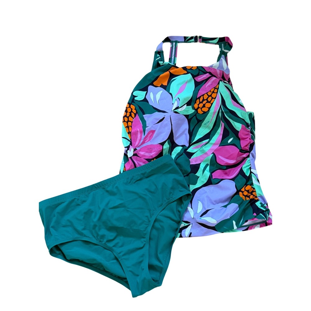Susan Graver Soleil High Neck Tankini Top Floral Green Purple UPF 50 Size 16